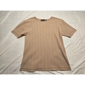VTG Cherry Stix Henley T Shirt Womens Medium‎ Beige Waffle Knit Short Sleeve Top